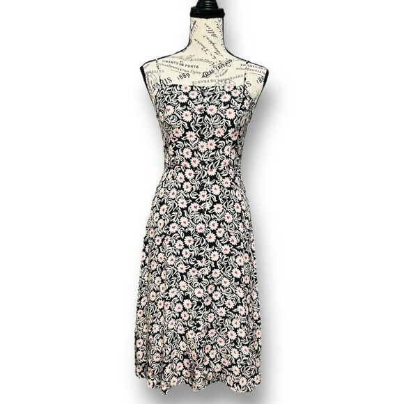 HVN 2 Black Silk Floral Atlanta Midi Dress Fit Flare Square Neck Strappy Summer - Picture 8 of 12